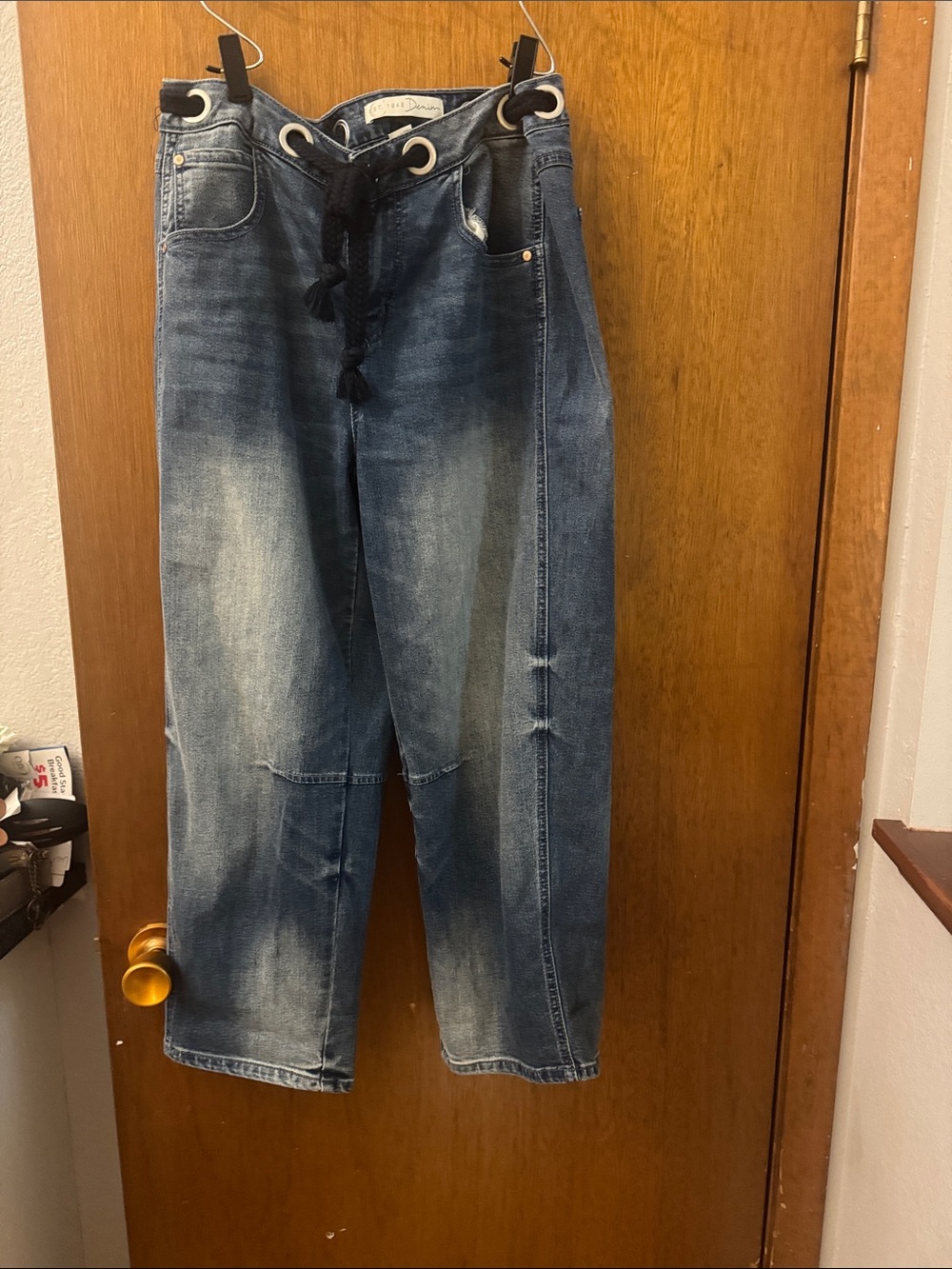 Cato Washed Blue Cropped Ankle Jeans with Tassel Rope Tie